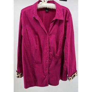 Lane Bryant Size 26 Plus Magenta Pink Button Front Shirt Leopard Cuff/Collar